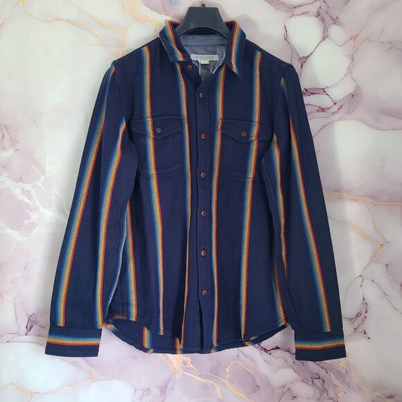 Outerknown NWT Sz M Organic Cotton Blanket Shirt Marine Rainbow Stripe - Picture 3 of 13